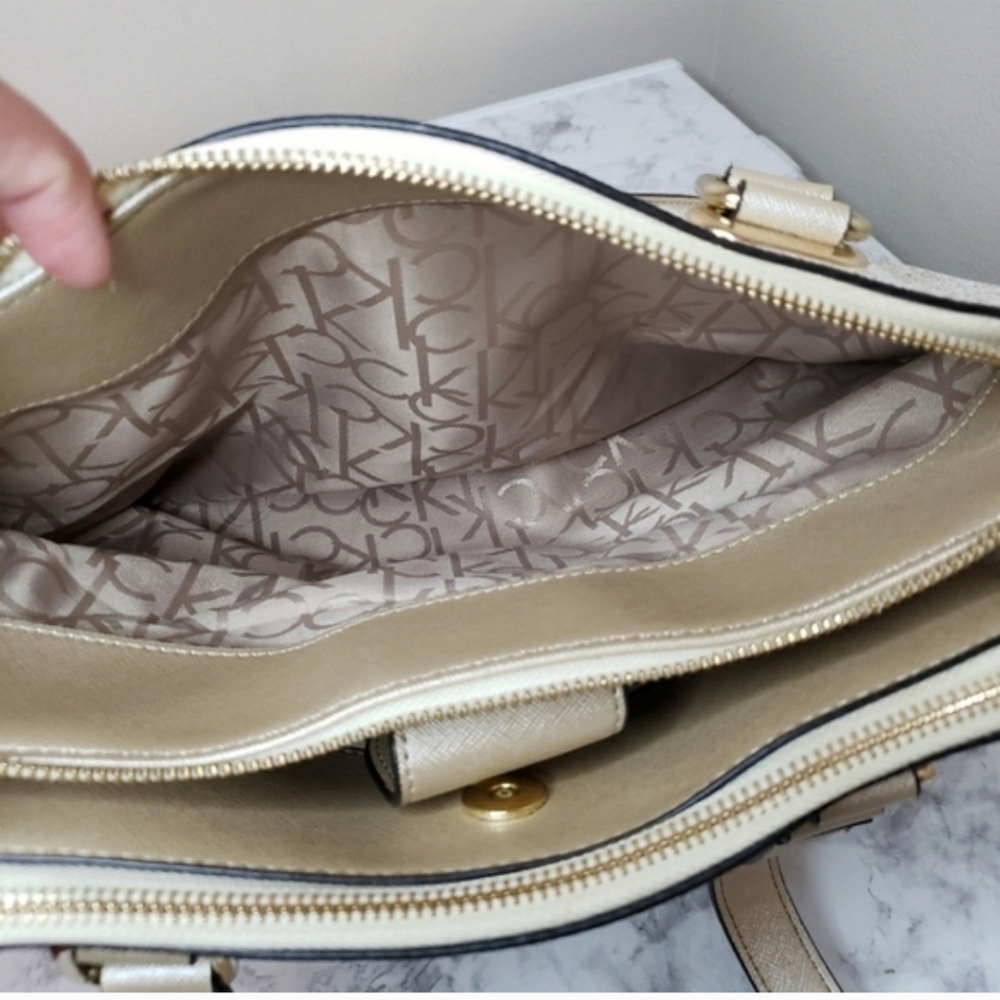 Calvin Klein Large Almond Monogram Satchel - Like New | Metallic Gold & Cream - Picture 13 of 16